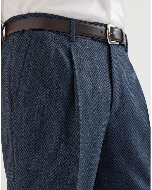 Brunello Cucinelli Blue Cashmere And Silk Chevron Flannel Trousers With Pleat for men