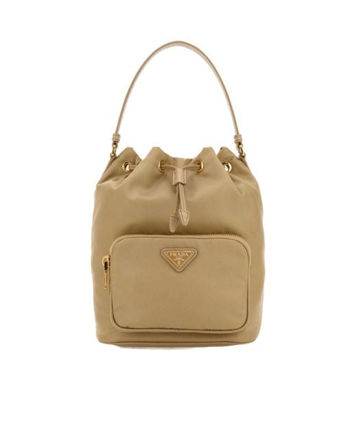 Prada Natural Re-Nylon Triangle-Logo Drawstring Bucket Bag