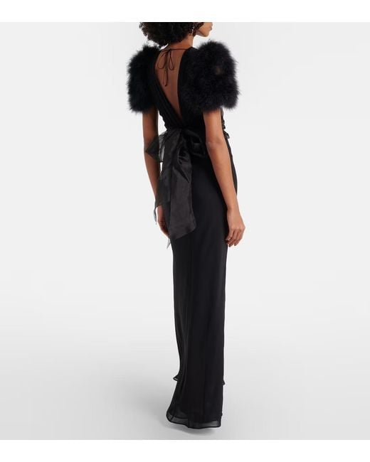 Alessandra Rich Black Feather-Trimmed Silk Georgette Gown