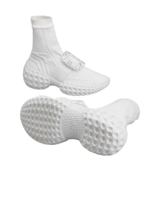 Roger Vivier White Viv' Run Light Socks Strass Buckle Ankle Boots