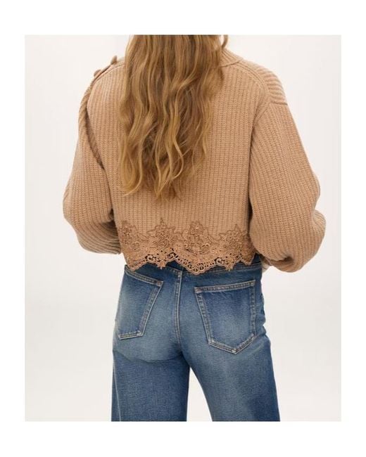 Chloé Natural Chloé Cropped Lace-Hem Knitted Sweater