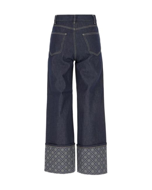 Tory Burch Blue T Monogram Contrast-Cuff Jeans