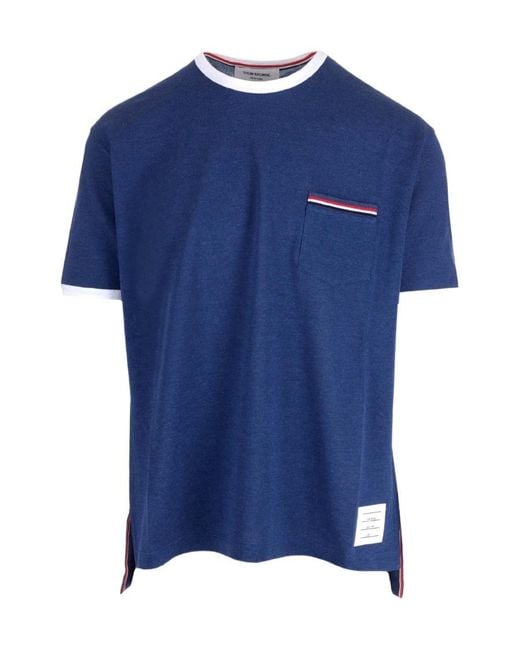 Thom Browne Blue Stripe-Trim Crewneck T-Shirt for men