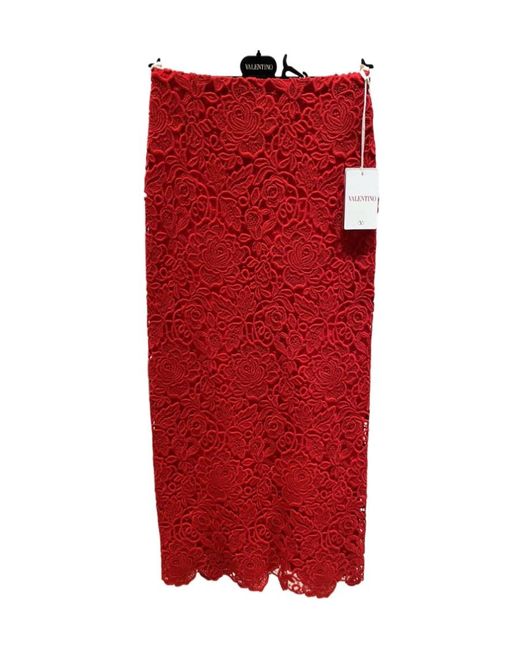 Valentino Red Guipure-Lace A-Line Maxi Skirt