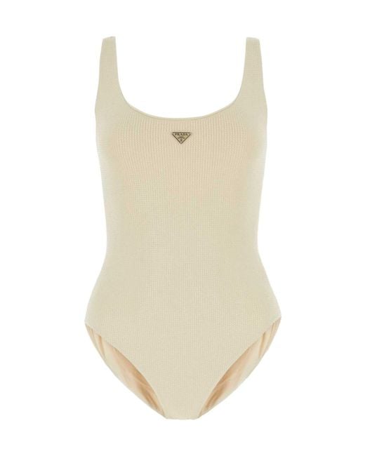 Prada Natural Logo Plaque Sleeveless Swimsuit