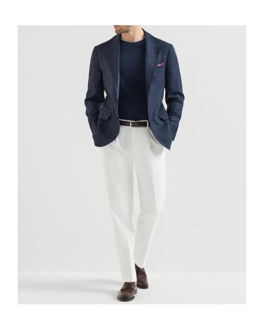 Brunello Cucinelli Blue Wool, Silk And Linen Prince Of Wales Deconstructed Blazer for men