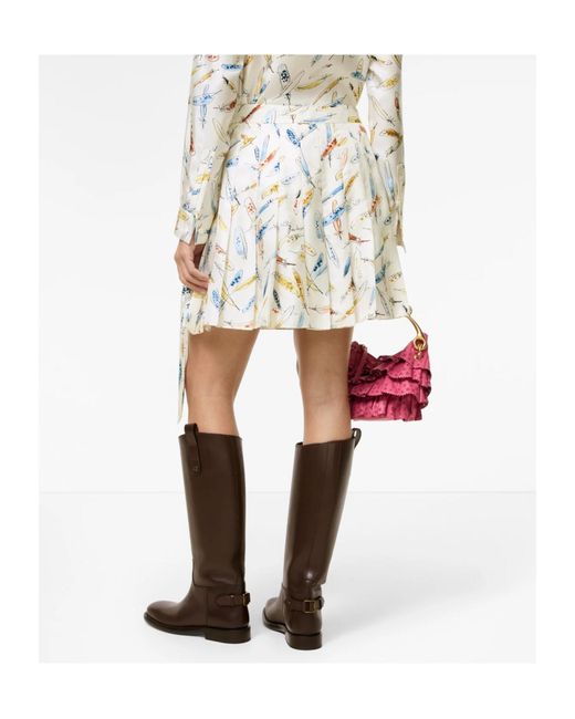Burberry White Pleated Feather-Print Silk Mini Skirt