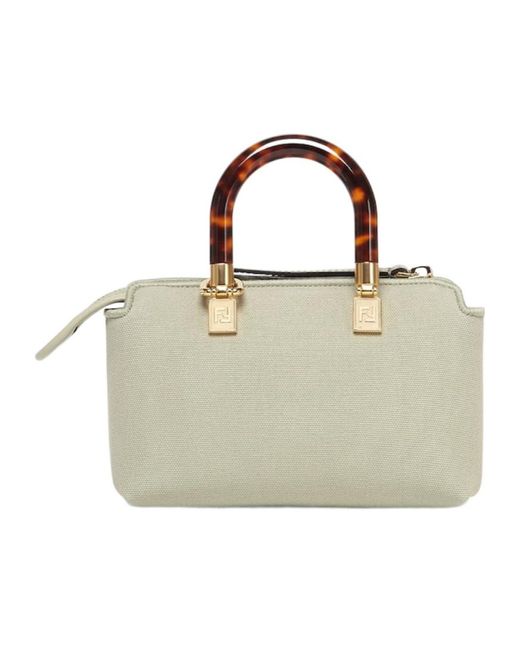 Fendi Metallic Light Canvas Small Boston Bag With Roma Embroidery