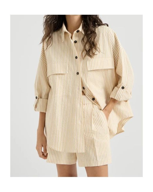 Brunello Cucinelli Natural Techno-Cotton Striped Seersucker Shirt With Monili