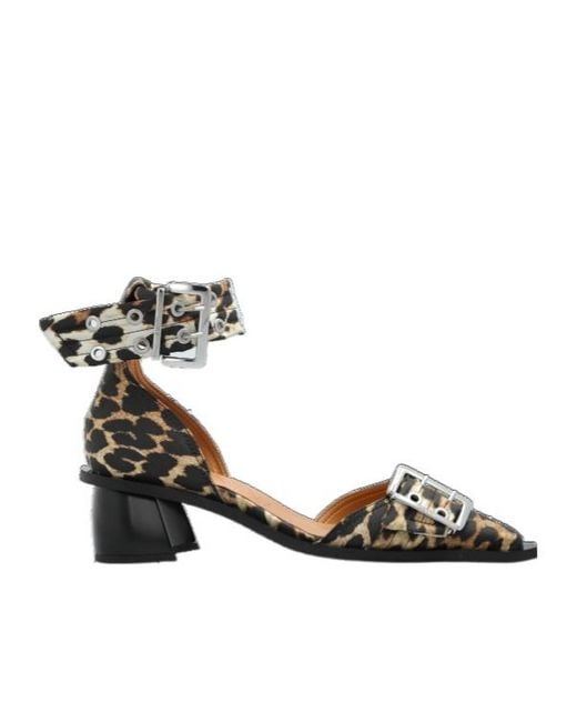 Ganni Metallic Leopard Print Ankle-Strap Pumps
