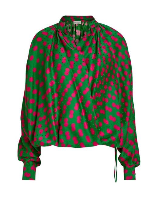 Dries Van Noten Green Polka Dot Satin Wrap Blouse