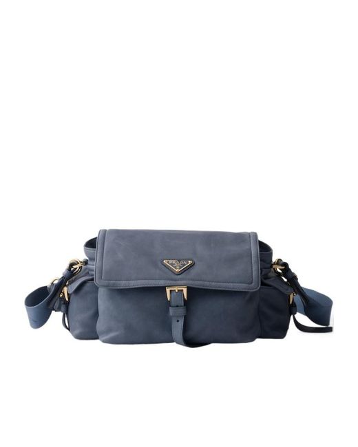 Prada Blue Explore Medium Nappa Leather Shoulder Bag With Flap