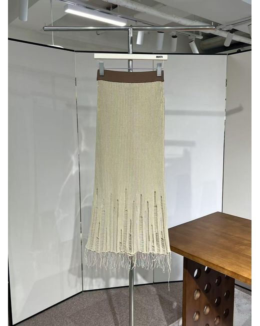 Uma Wang Natural Distressed Ribbed Knit Midi Skirt