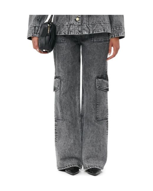 Ganni Gray Logo Patch Wide Leg Cargo Jeans