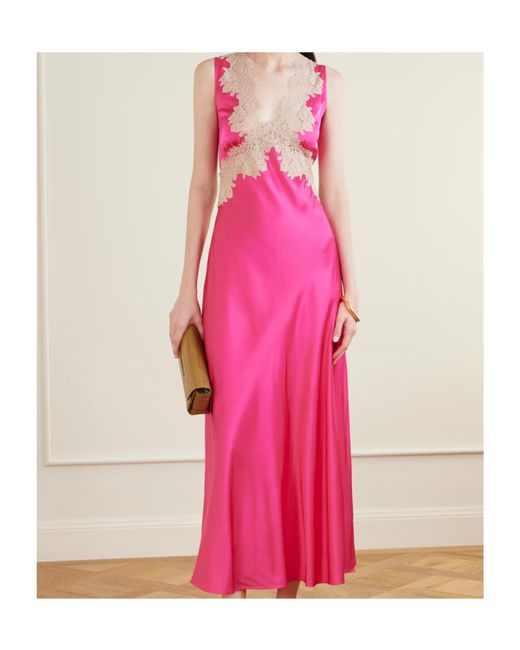 Rixo Pink Lysandra Lace-Trimmed Satin Midi Dress