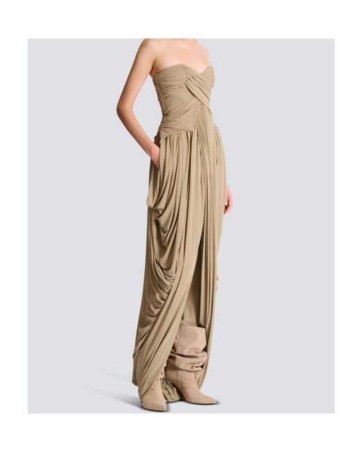 Balmain Natural Draped Strapless Jumpsuit
