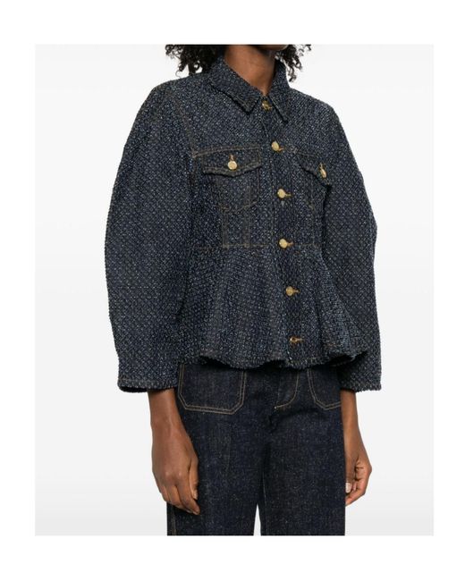 Ganni Blue Buttoned Denim Peplum Jacket
