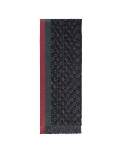 Gucci Black Gg Jacquard Knit Scarf With Web And Fringe for men