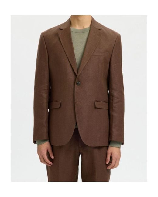 SELECTED Brown Regular Fit Linen Blazer for men