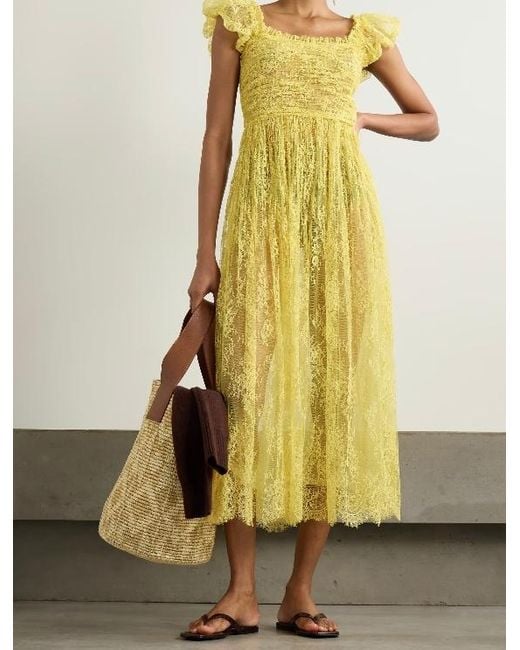 Doen Yellow Pamelina Ruffled Shirred Lace Midi Dress