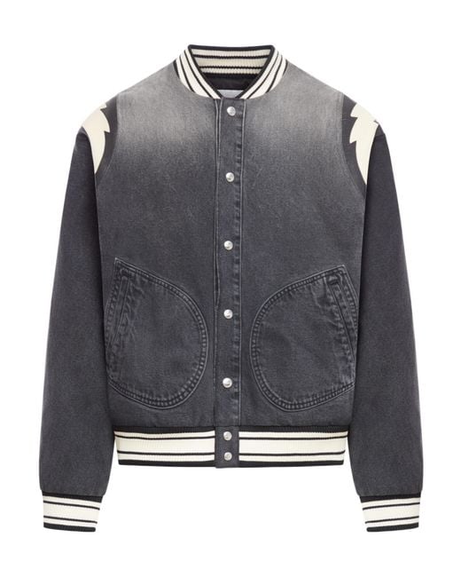 Rhude Gray Varsity Denim Bomber Jacket for men