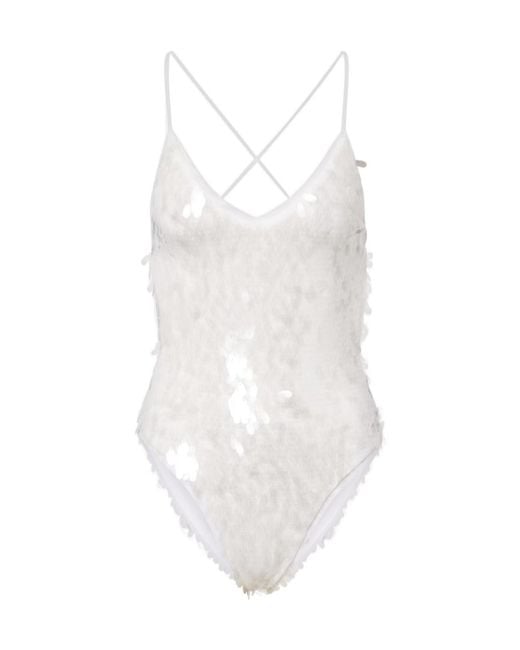 Norma Kamali White Fara Sequined Semi-Sheer Mesh Bodysuit