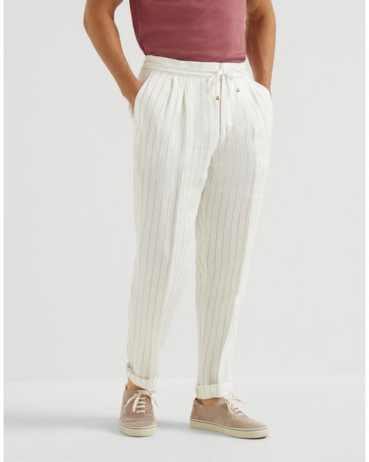 Brunello Cucinelli White Stripe Drawstring Pleated Trousers for men