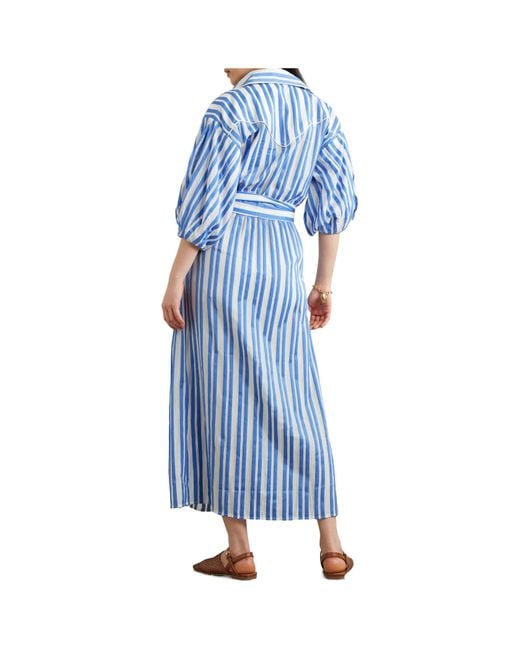 Johanna Ortiz Blue Buena Mar Belted Striped Cotton-Voile Midi Dress