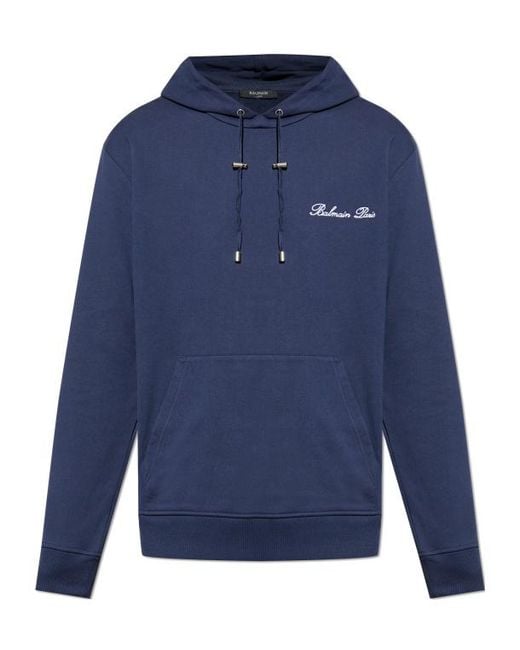 Balmain Blue Logo-Embroidered Hoodie for men