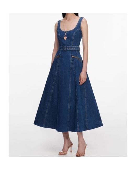 Self-Portrait Blue Belt-Detail Flared Midi Denim Dress