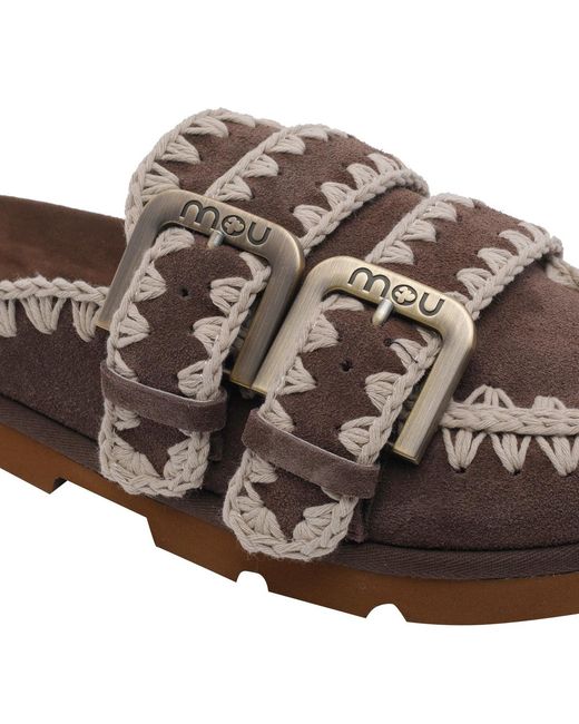 Mou Brown Stitch Detail Buckle Mules