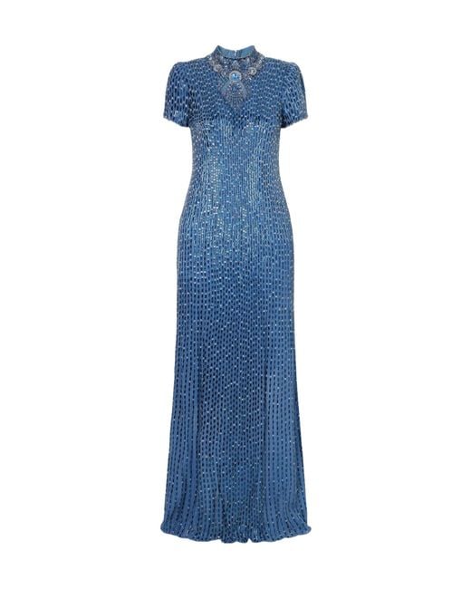 Jenny Packham Blue Embellished Crepe Gown