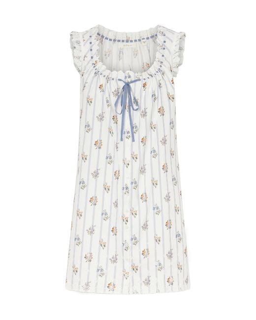 Doen White Embroidered Striped Floral-Print Organic Cotton Mini Dress