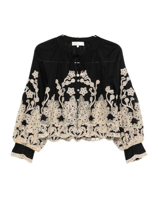 Sea Black Gracelyn Lace-Trimmed Embroidered Blouse