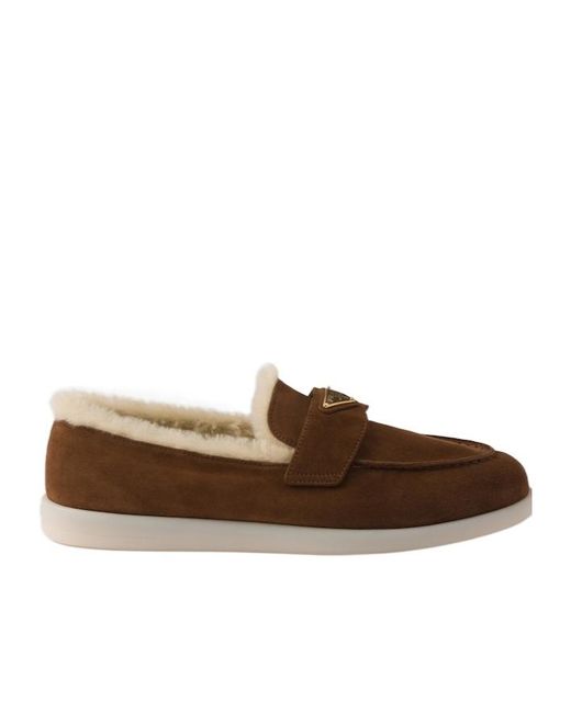 Prada Brown Logo Plaque Slip-On Loafers