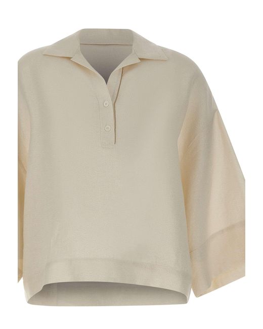 Eleventy Natural Wide-Sleeve V-Neck Top