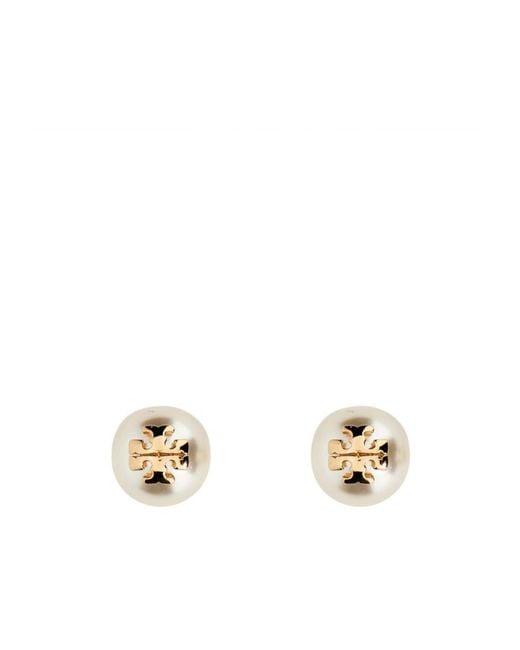 Tory Burch Metallic Kira Logo Plaque Pearl Earrings
