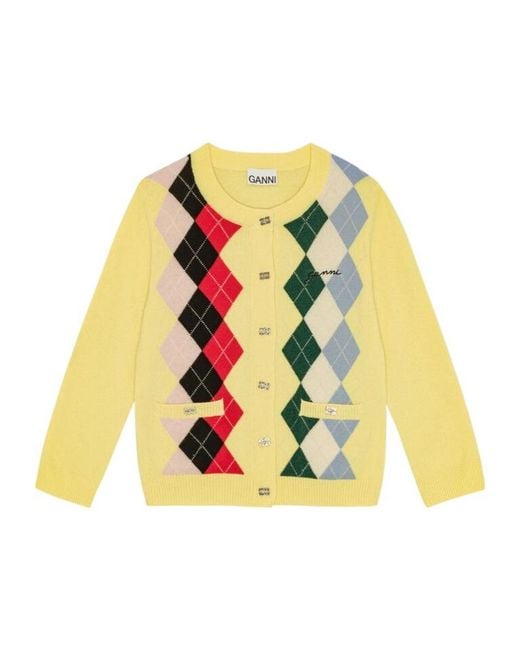 Ganni Yellow Checke Patterned Button-Up Cardigan