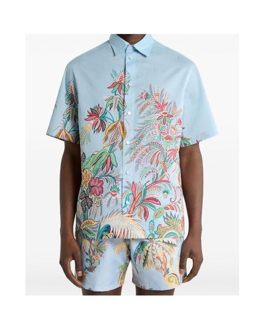 Etro Blue Cotton Shirt With Placed Floral Print for men