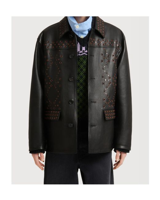 Marni Black Leather Jacket With Studded Front for men