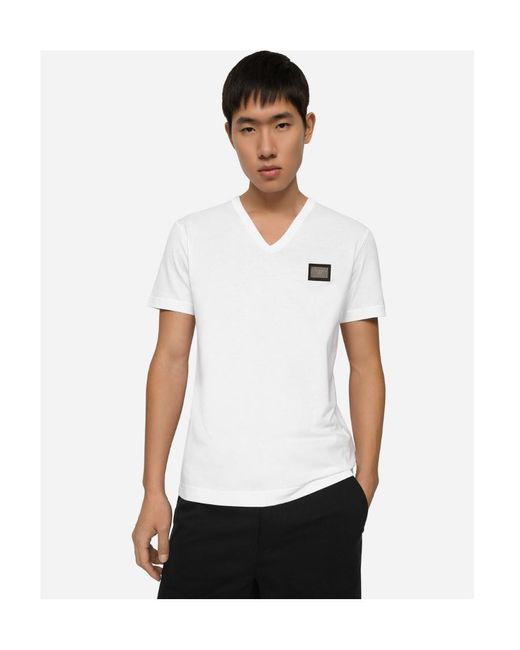 Dolce & Gabbana White Logo Patch V-Neck T-Shirt for men