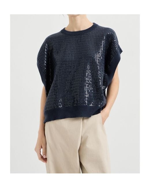 Brunello Cucinelli Blue Dazzling Check-Pattern Top