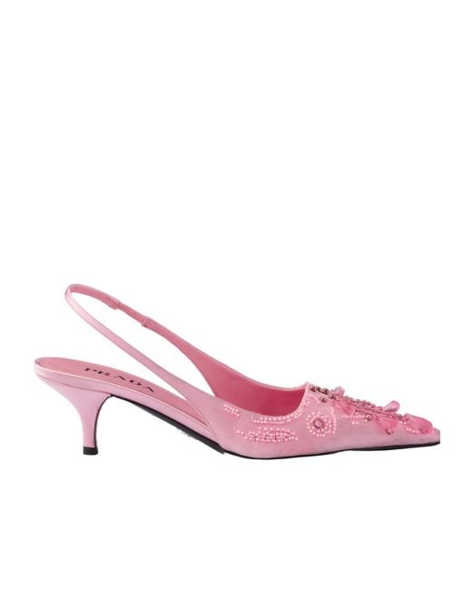 Prada Pink Embroidered Satin Slingback Pumps