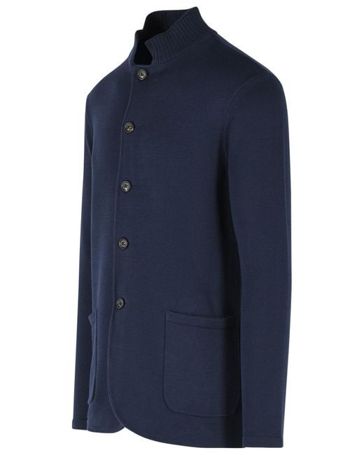 Eleventy Blue Ribbed Collar Button-Up Cardigan for men