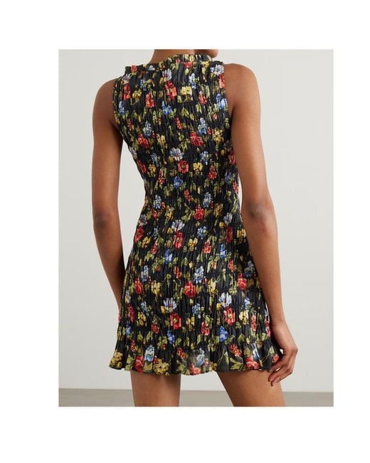Doen Green Gianna Shirred Floral-Print Ramie Mini Dress