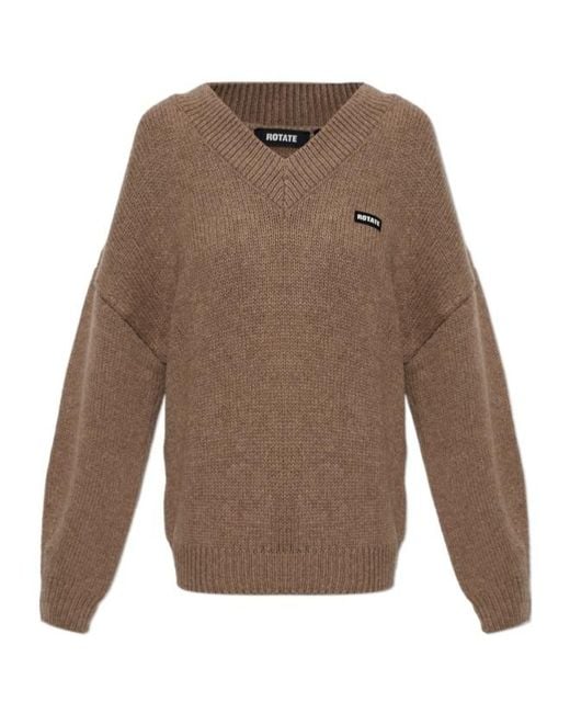 ROTATE BIRGER CHRISTENSEN Brown V-Neck Logo Knitted Sweater