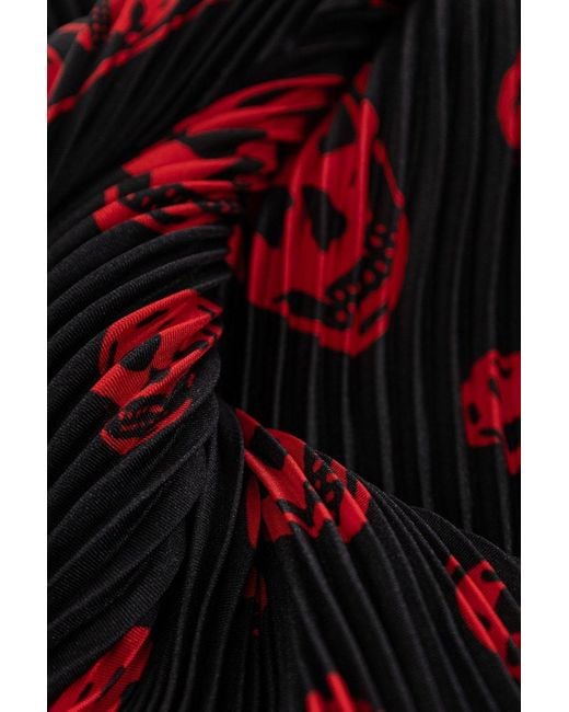 McQueen Red Pleated Skull-Print Scarf
