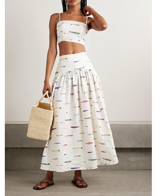 Staud White Federico Cropped Printed Linen Top