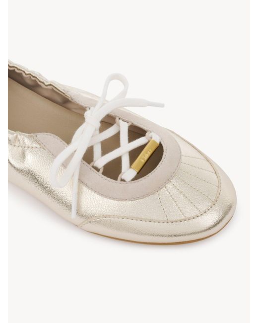 Chloé White Chloé Ruched Lace-Up Flat Shoes