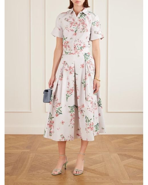 Erdem White Pleated Floral-Print Cotton-Poplin Midi Skirt